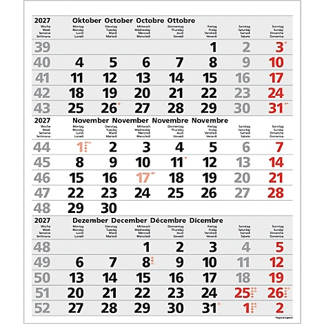 Calendrier 2027 avec les mois d'octobre, novembre et décembre. Les dimanches sont en rouge.