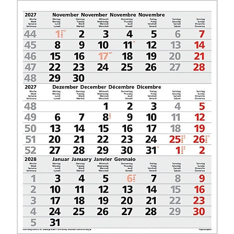 Calendrier avec les mois de novembre 2027, décembre 2027 et janvier 2028. Dates en couleur.