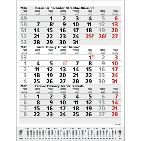 Un calendrier mural trilingue indiquant les dates de 2026 et 2027. Les mois de décembre, janvier, février sont visibles.