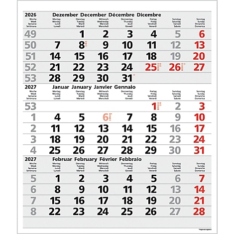 Calendrier avec les mois de décembre 2026, janvier et février 2027. Les dates sont étiquetées en plusieurs langues.
