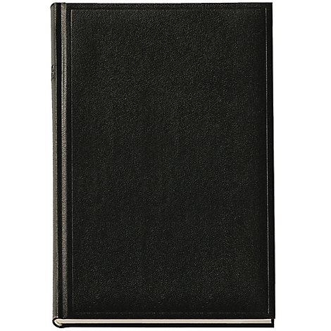 Un livre noir, debout, avec une tranche nervurée. La tranche du livre est blanche.
