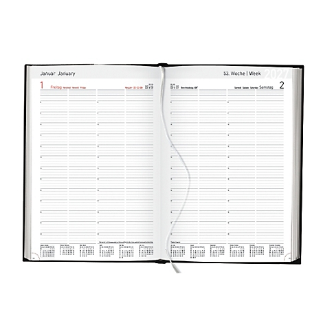 Livre ouvert avec calendrier vierge. Couverture noire, pages blanches, police rouge et noire. Aperçu hebdomadaire avec calendriers mensuels en bas.