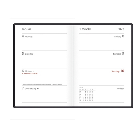 Ein geöffneter Kalender mit Januar-Seite. Sichtbar sind Datum, Wochentage und eine Monatsübersicht.