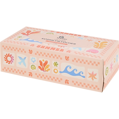 Eine pastellfarbene Kosmetiktücherbox mit sommerlichen Illustrationen wie Sonne, Wellen und Blumen auf rosa Hintergrund.