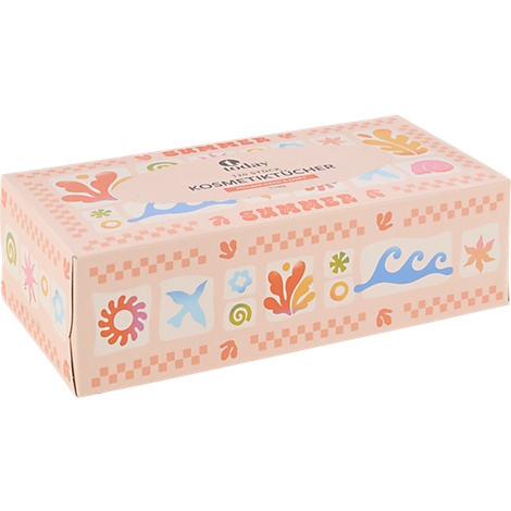 Rechteckige Box mit Kosmetiktüchern in Pastellrosa, verziert mit sommerlichen Symbolen wie Wellen und Sonne.