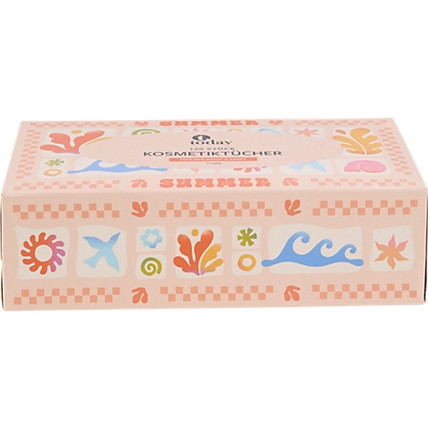 Rechteckige Kosmetiktücher-Box in Hellrosa mit verspielten, sommerlichen Mustern wie Wellen und Blumen.