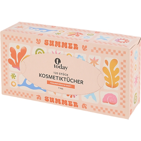 Rosa Kosmetiktücherbox mit Sommermotiven und dem Schriftzug Today Kosmetiktücher.