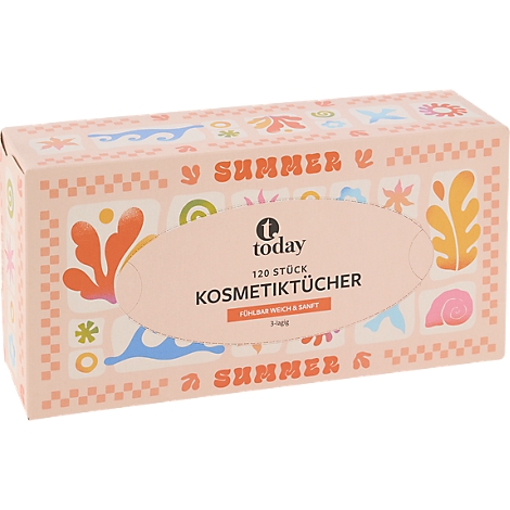 Rechteckige Box mit today Kosmetiktüchern, hellrosa mit sommerlichen Mustern und 'SUMMER' Aufdruck.