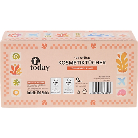 Rosa Kosmetiktücher-Box von today mit 120 Stück, verziert mit bunten, organischen Mustern.