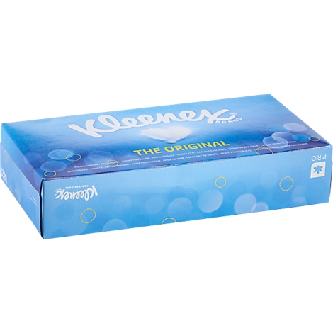 Eine blaue Taschentücherbox von Kleenex mit weißem Logo und Aufschrift 'The Original'.