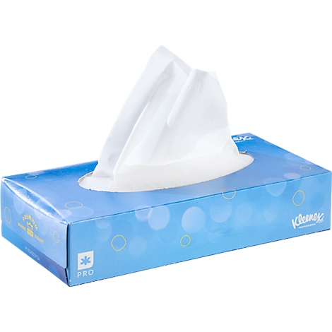 Blau-weißes Kleenex-Taschentücher-Box, weiße Taschentücher ragen heraus.