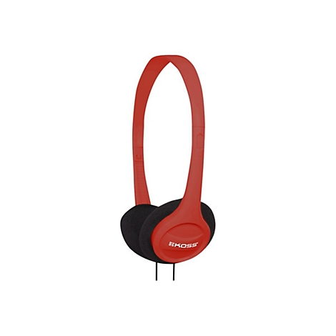 Rote Kopfhörer mit schwarzen Ohrmuscheln, Logo "Koss".