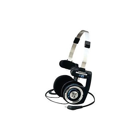 Schwarzer KopfhÃ¶rer mit silbernem Kopfband, Ohrmuscheln und Kabel, auf weiÃŸem Hintergrund.