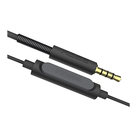 Ein schwarzes Audiokabel mit Klinkenstecker, Steuerteil und Aufdruck KOSS.