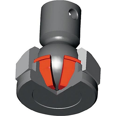 Doorsnede van een kogelgewricht. Grijze metalen onderdelen met oranje inleg. De kogel is van binnen zichtbaar.