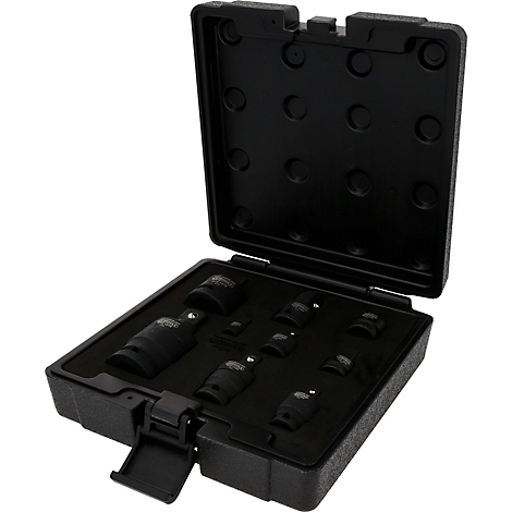 Schwarzer Werkzeugkasten mit diversen Steckschlüsseln. Der Kasten ist geöffnet und die Werkzeuge liegen in einer schwarzen Schaumstoffaussparung.