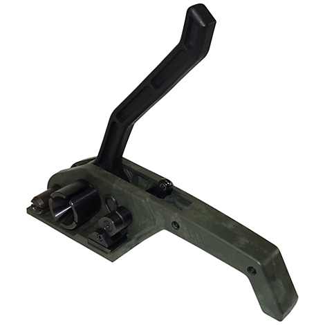 Ein grüner, mechanischer Hebel mit schwarzen Bauteilen vor weißem Hintergrund.