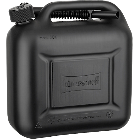 Schwarzer 10-Liter-Kraftstoffkanister aus Kunststoff von hünersdorff mit Tragegriff und Schraubverschluss.