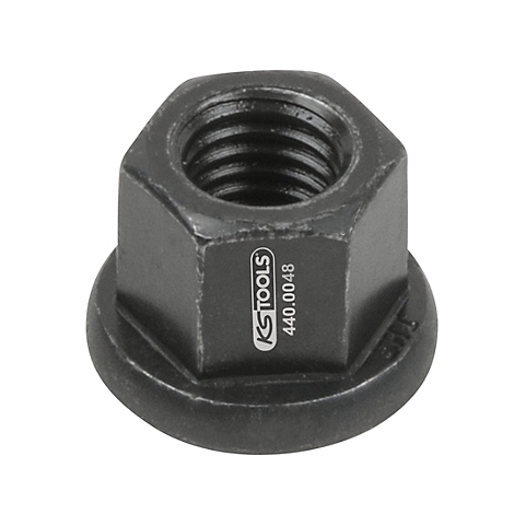 Schwarze Sechskantmutter mit Gewinde. Auf einer Seite ist der Schriftzug „KS TOOLS 440.0048“ zu sehen.