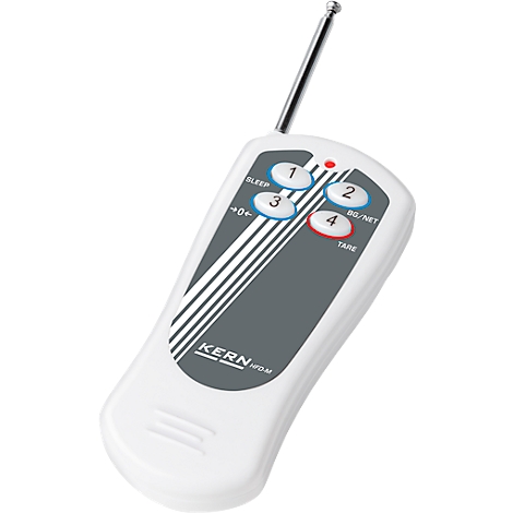 Weisse Fernbedienung mit Antenne, grauen Streifen und farbigen Knöpfen.