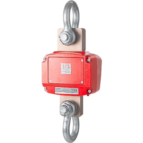 Rote Hebewaage mit zwei Metallhaken und Holzblöcken. Ein Schild ist auf der Waage angebracht.