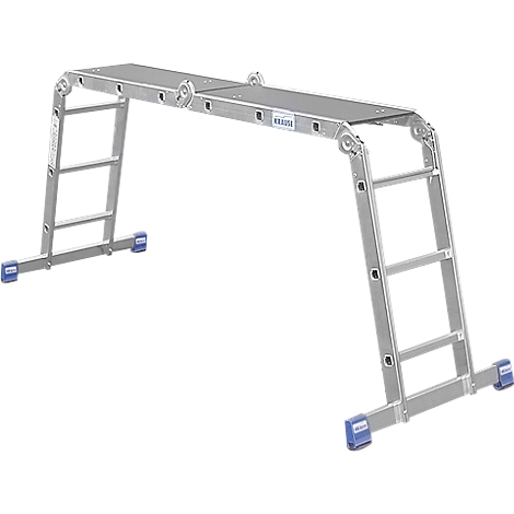 Aluminum ladder with platform. U-shaped, with blue feet and the lettering KRAUSE.