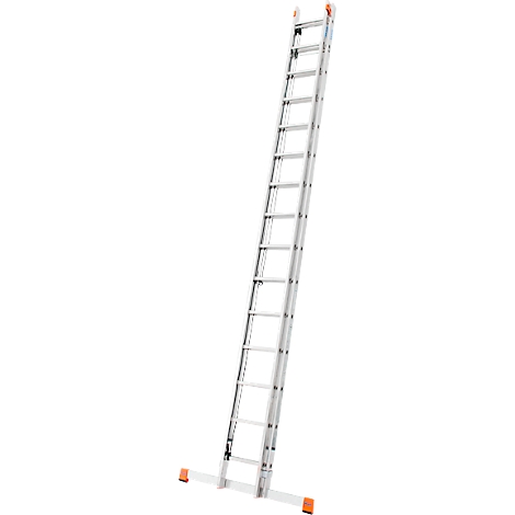 Silver-colored ladder, set up. Orange end caps and a wide base provide stability.