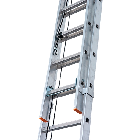 Silver ladder, partially cut, detail shot. Black ropes run between the rungs. Orange-red end pieces.