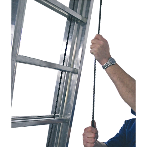 Close-up: Hands holding a black rope attached to a ladder. Watch on wrist.