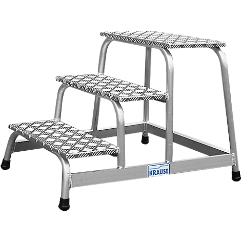 Three-step aluminum stepladder with non-slip surface, and the text "Krause".