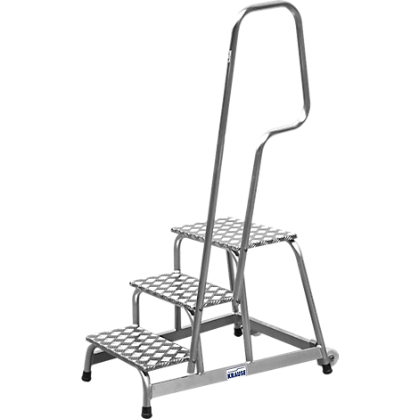 Grey step ladder with three steps and a handrail. The treads are made of checkered plate.