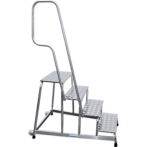 Metal step ladder with three steps and a handrail, isolated on white background.