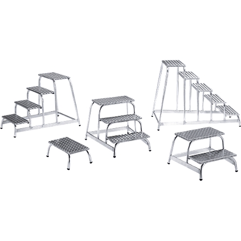 Various metal step ladders in different sizes.