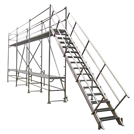 A scaffold with stairs, standing against a white background.