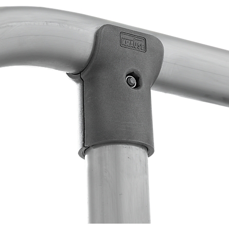 Grijze hoekconnector verbindt twee buizen. Op de connector is de tekst "KRAUSE" te zien.