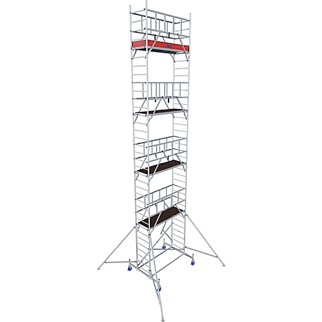 Tall, silver scaffolding with multiple levels, red railing, and wheels. Stable.