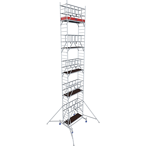 Tall metal scaffolding with several platforms. The top one is red.