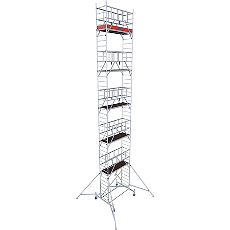 Tall metal scaffolding. Multiple platforms, rollers, red railing, for working at height.