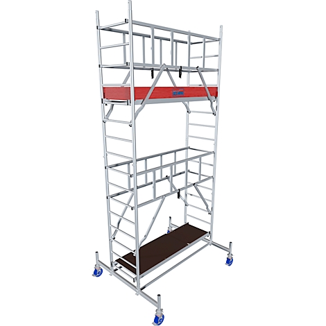 A silver scaffolding on wheels, with red elements and brown platforms.