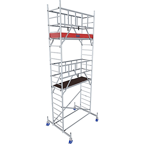 A metal scaffolding, with two working platforms and wheels.