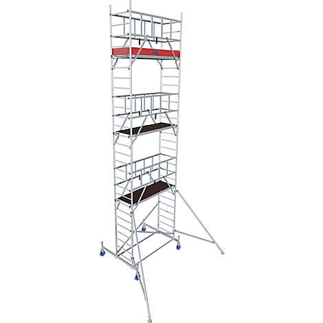 Tall, silver scaffolding with red elements and brown platforms. It has castors and stands stably against a white background.