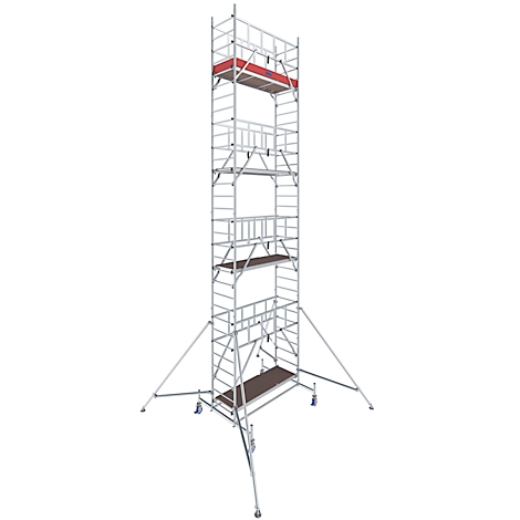 A tall metal scaffold with multiple work platforms. Red at the top, brown at the bottom. Wheels on the feet.