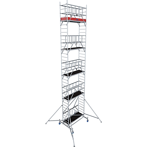 A silver scaffolding stands on wheels. It has several platforms and ladders, as well as a red platform at the top.