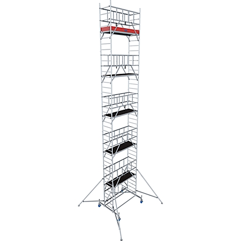 Scaffolding with wheels. Silver metal structure, multiple levels with black surfaces, red upper platform.