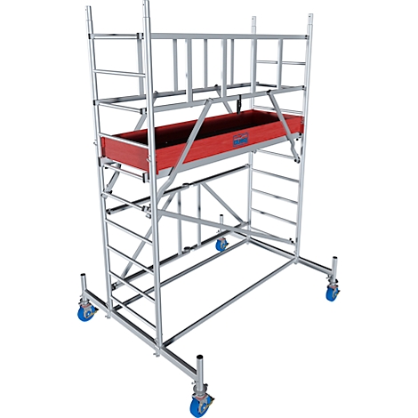 Scaffolding with red platform and rollers. Made of aluminium. Blue rollers.