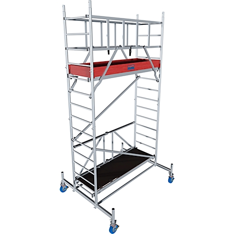 A silver metal scaffold. A red box is visible at the top, with a black platform below. Blue rollers on the bottom.