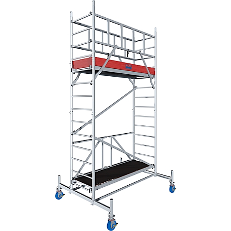 A freestanding, silver scaffold with a red platform and black steps, on blue wheels.