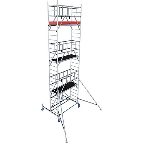 A silver scaffold with black platforms and wheels. A red board is visible at the top.