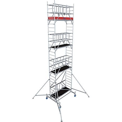 A tall, silver scaffold on wheels. It has several platforms and a red element at the top.