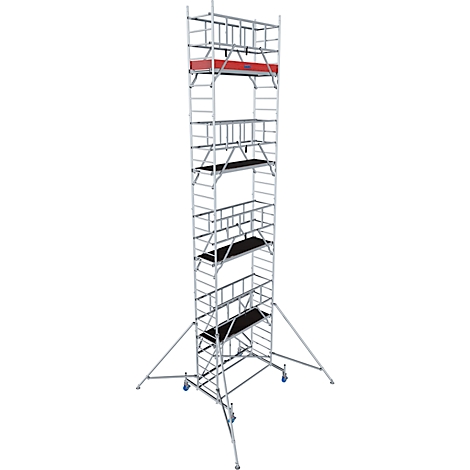 A tall, mobile scaffold with multiple work levels. It stands on wheels and has a red platform at the top.